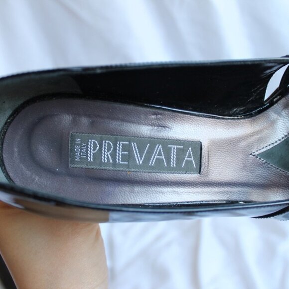 PREVATA  | Vintage Italian Leather Shoes 7 1/2 Black | Open-Toes Kitten Heels - Picture 6 of 15
